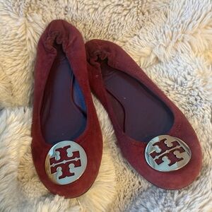Tory Burch Maroon Flats with Silver Emblem
